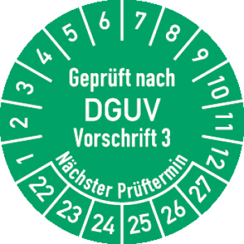 Prüfplakette "Geprüft nach DGUV Vorschrift 3 Nächster Prüftermin" 3,0 cm Ø ab 2022