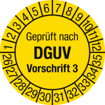 Prüfplakette "Geprüft nach DGUV Vorschrift 3" 3,0 cm Ø, ab 2026 // 10 Stück/Bogen