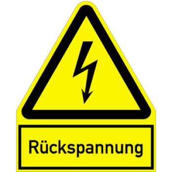 Schild "Vorsicht! Rückspannung!" Folie selbstklebend, 74 x 37mm