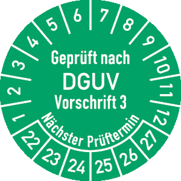 Prüfplakette "Geprüft nach DGUV Vorschrift 3 Nächster Prüftermin" 3,0 cm Ø ab 2022