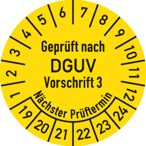 Prüfplakette "Geprüft nach DGUV Vorschrift 3 Nächster Prüftermin" 3,0 cm Ø ab 2019