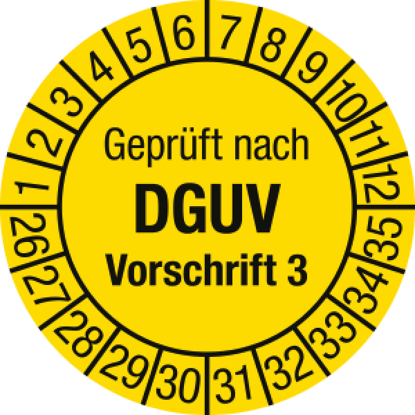 Prüfplakette "Geprüft nach DGUV Vorschrift 3" 3,0 cm Ø, ab 2026 // 10 Stück/Bogen