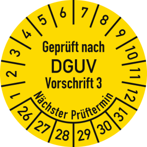 Prüfplakette "Geprüft nach DGUV Vorschrift 3 Nächster Prüftermin" 3,0 cm Ø ab 2026 // 10 Stück/Bogen