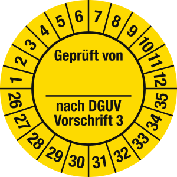 Prüfplakette "Geprüft von ... nach DGUV Vorschrift 3" 2,5 cm Ø ab 2026 // 10 Stück/Bogen